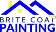 A blue and yellow logo for brite coat painting