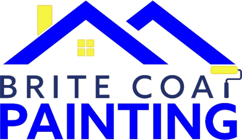A blue and yellow logo for brite coat painting