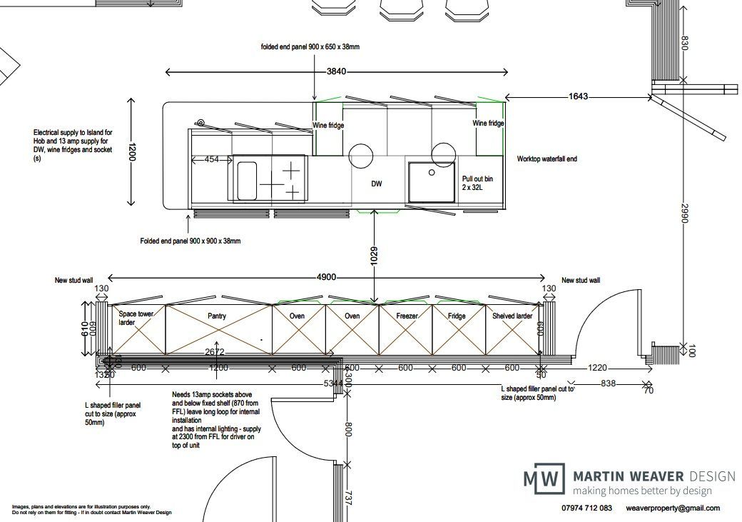 Architectural floor plan of a kitchen with cabinetry, appliances, and island. Top plan shows counters, oven, and sink.