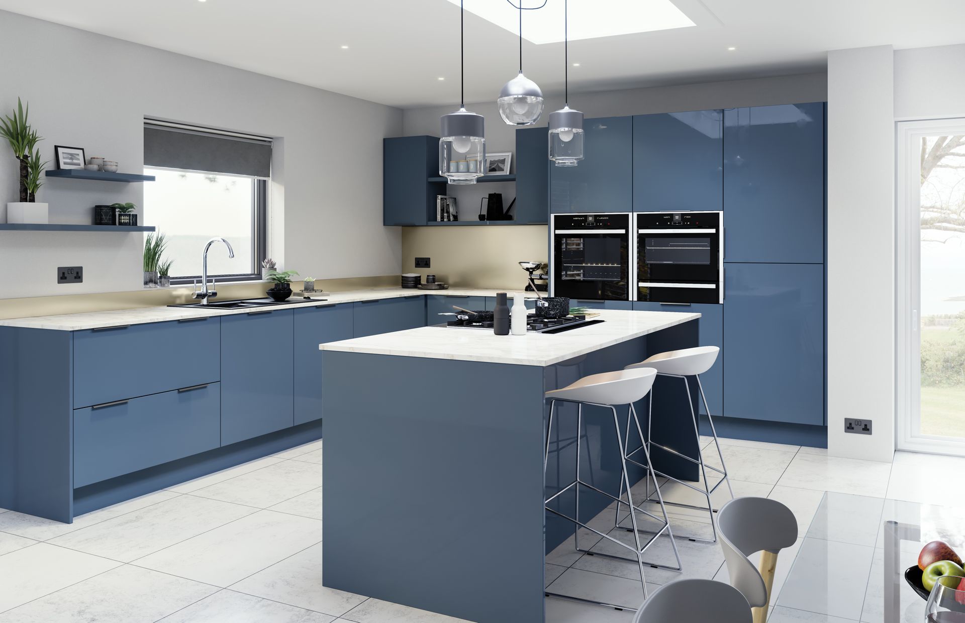 Modern blue kitchen with island, white countertops, and bar stools.