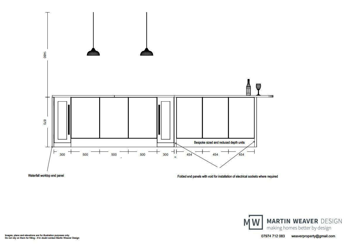 Architectural drawing of a bar with hanging lights, bottles, and cabinets; showing dimensions and design details.