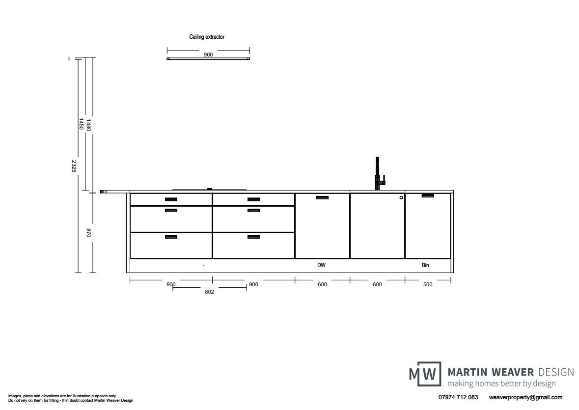 A technical drawing of a modern kitchen cabinet with dimensions, a sink, and drawers.