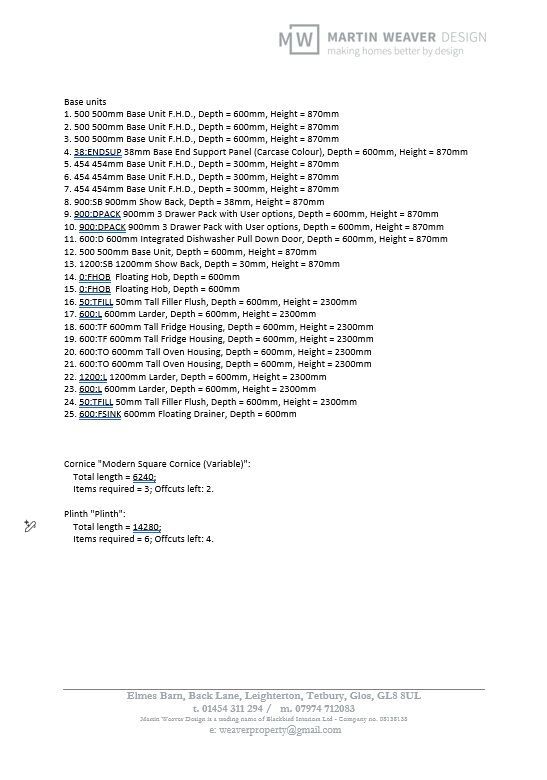 Document: List of specifications with numbers and product descriptions.