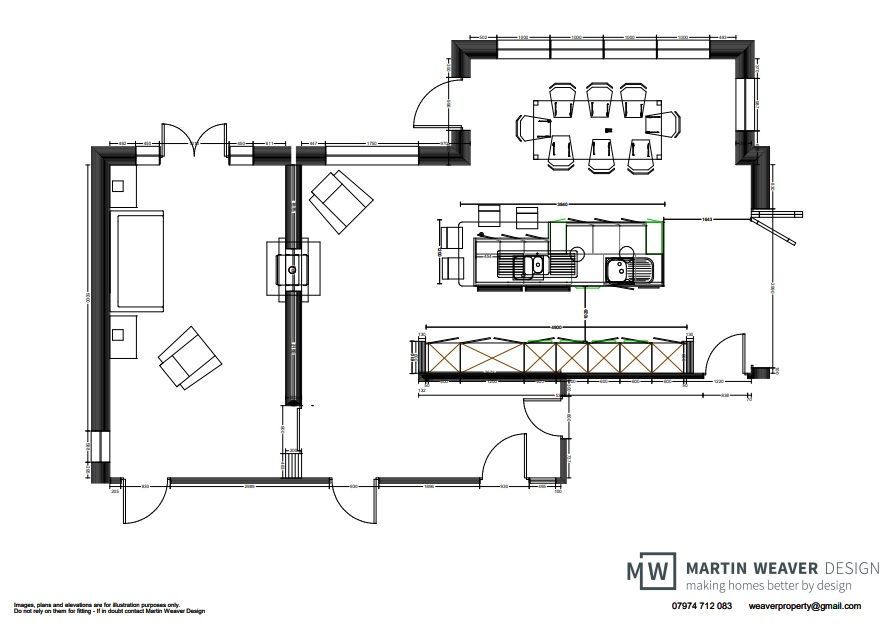 Floor plan of a modern home with kitchen, dining area, and living room layouts.