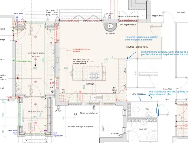 Floor plan of a house, showing a kitchen, living room, new roof room, and utility area, with annotations.