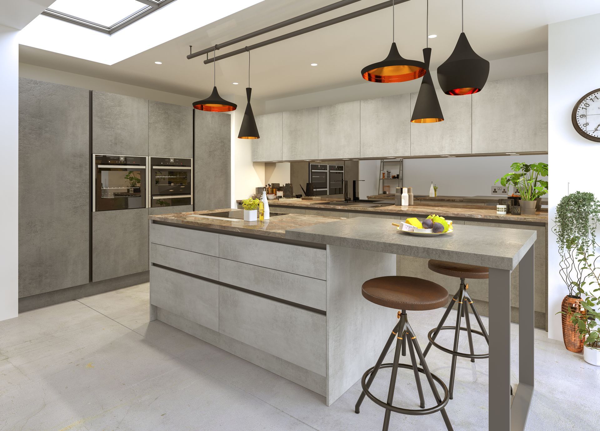 Modern kitchen with concrete-look cabinets and island, pendant lights, and two bar stools.