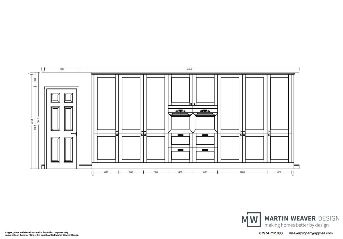 Line drawing of a kitchen with cabinetry, appliances, and a door on a white background.