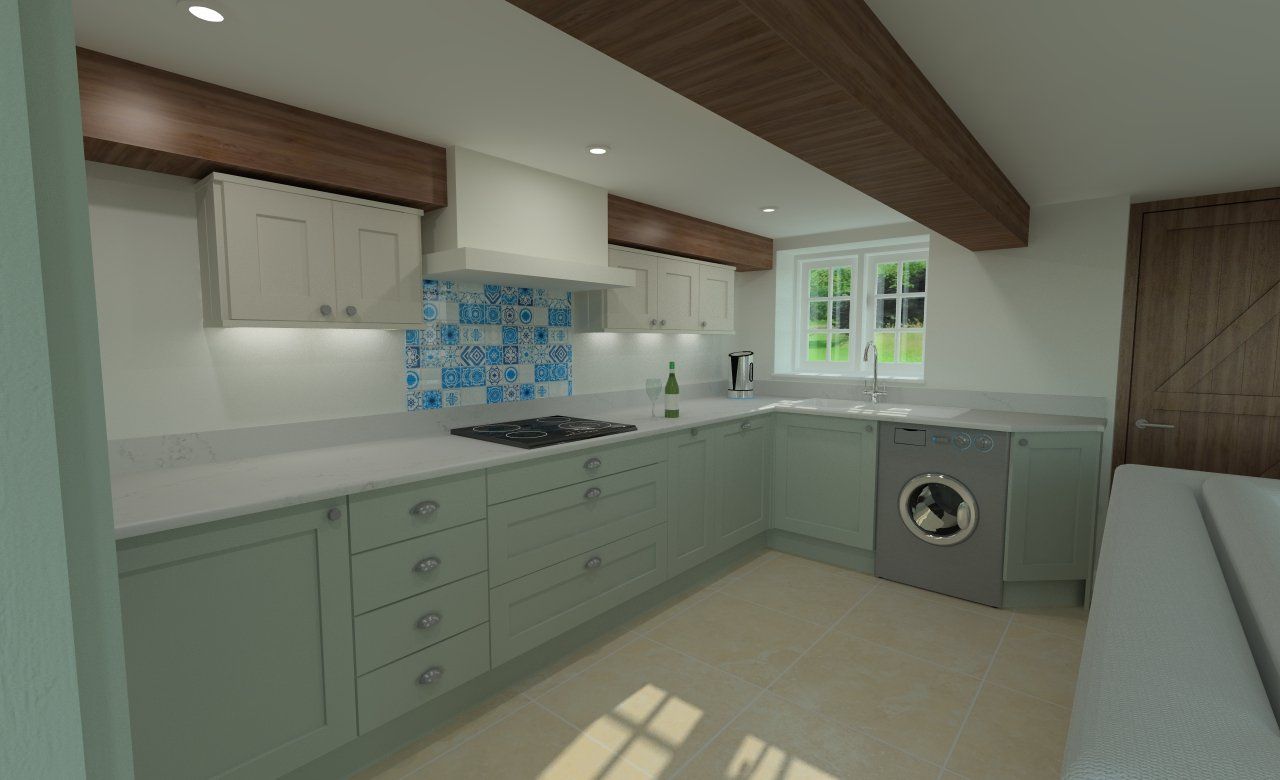 A kitchen with light green cabinets, a blue and white tiled backsplash, and a window.