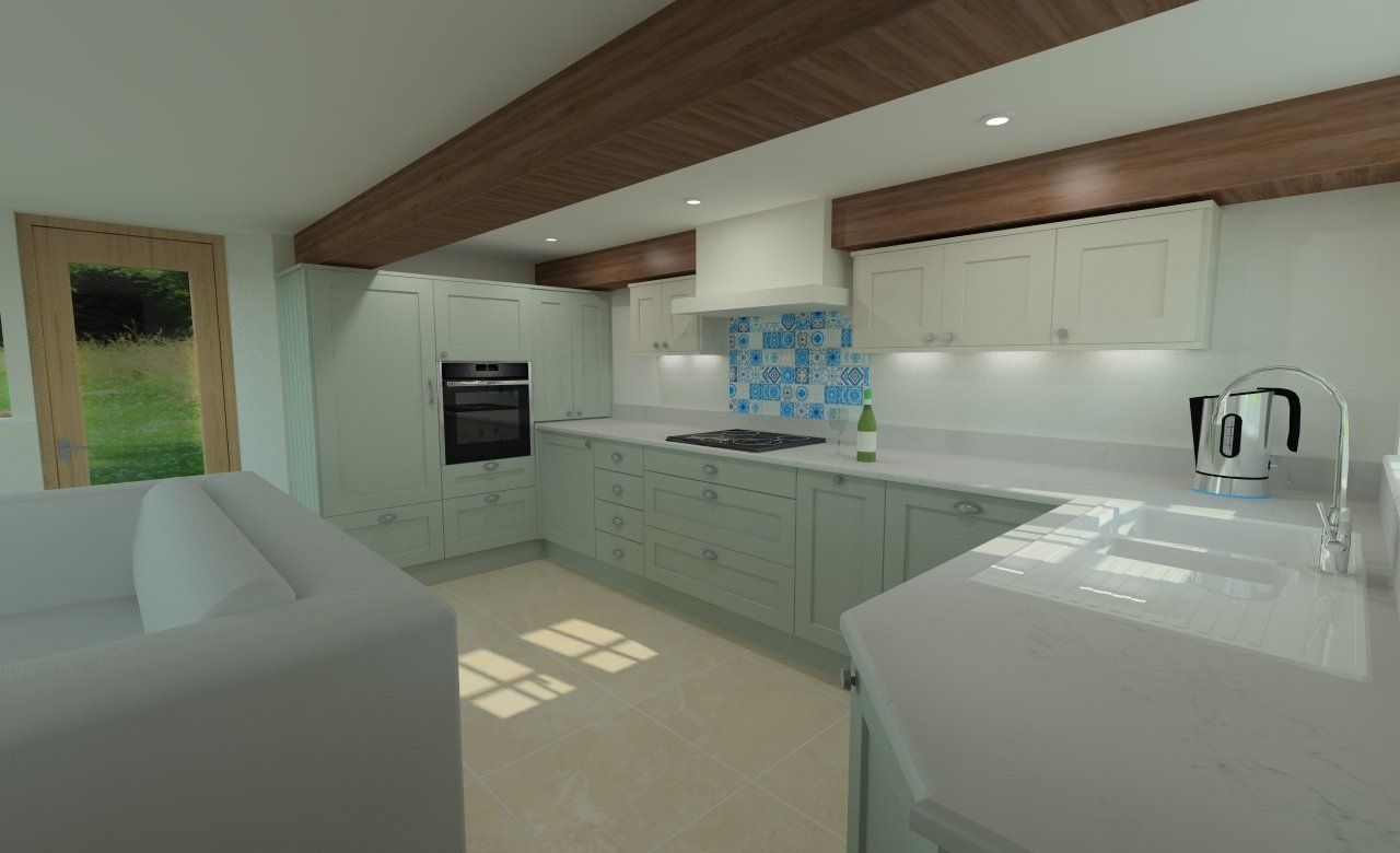 Kitchen with light blue cabinets, white countertops, oven, and wood beams.