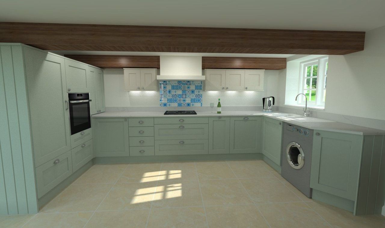 A light green kitchen with light wood beams, a window, and a washing machine.