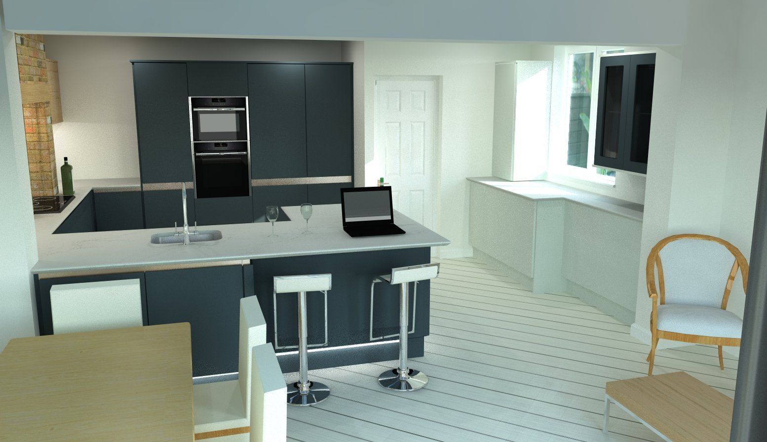 Modern kitchen with island, cabinets, appliances, laptop, and bar stools.