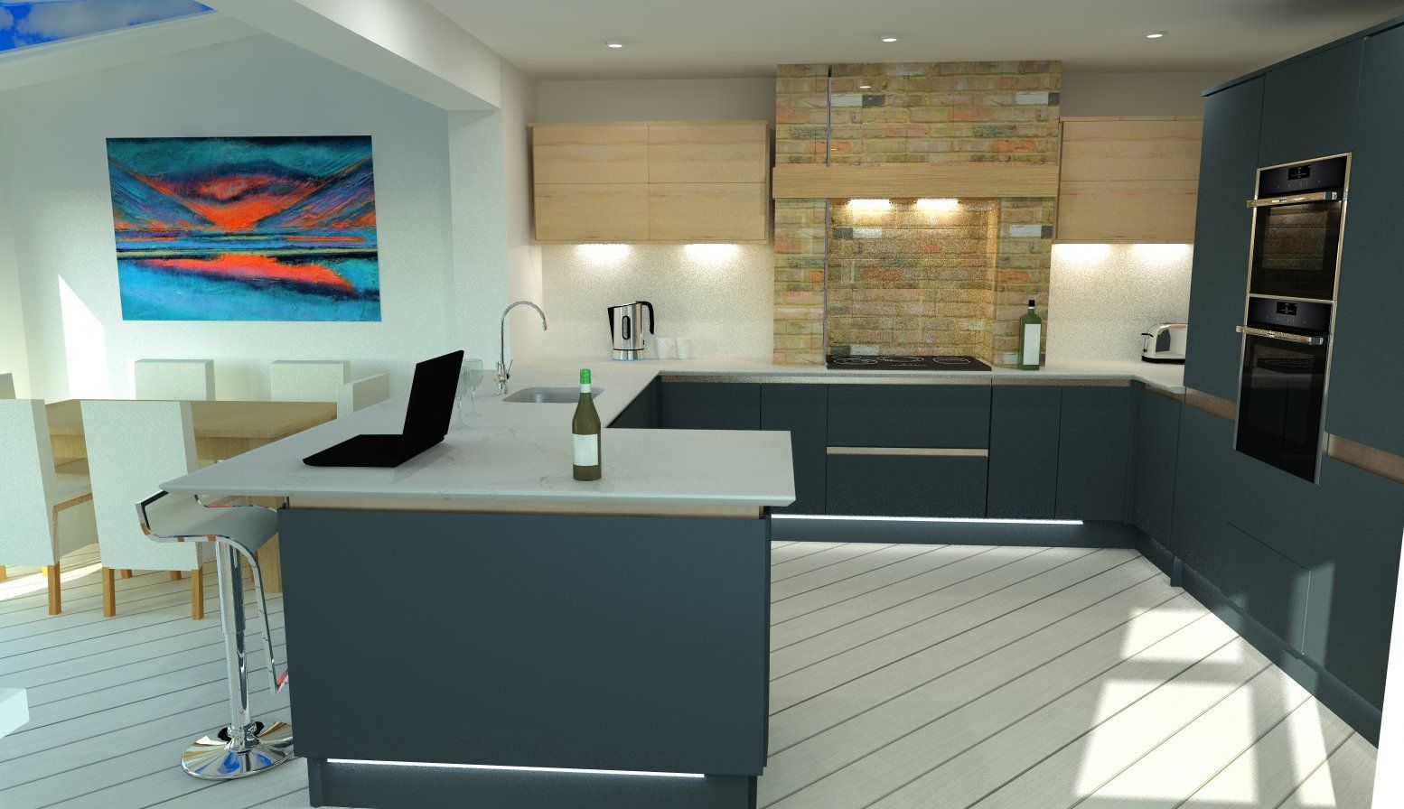 Modern kitchen with island, gray cabinets, light wood accents, and stone backsplash.