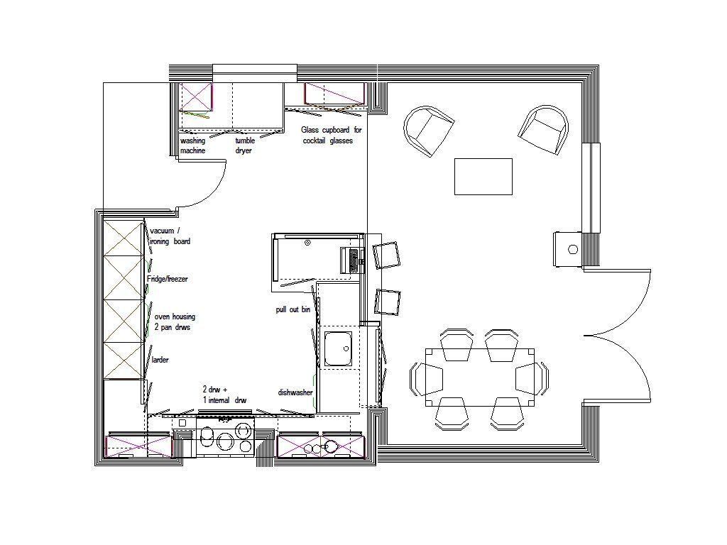 Floor plan of a room with kitchen, dining area, and living space.