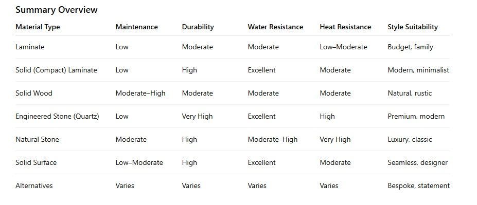 Summary overview table comparing materials on maintenance, durability, water resistance, and style.