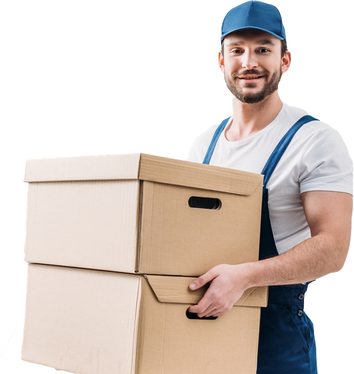 A man is holding a stack of cardboard boxes.