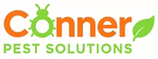Logo for Conner Pest Solutions, featuring orange text with a green bug icon replacing the letter 'o' and a green leaf.