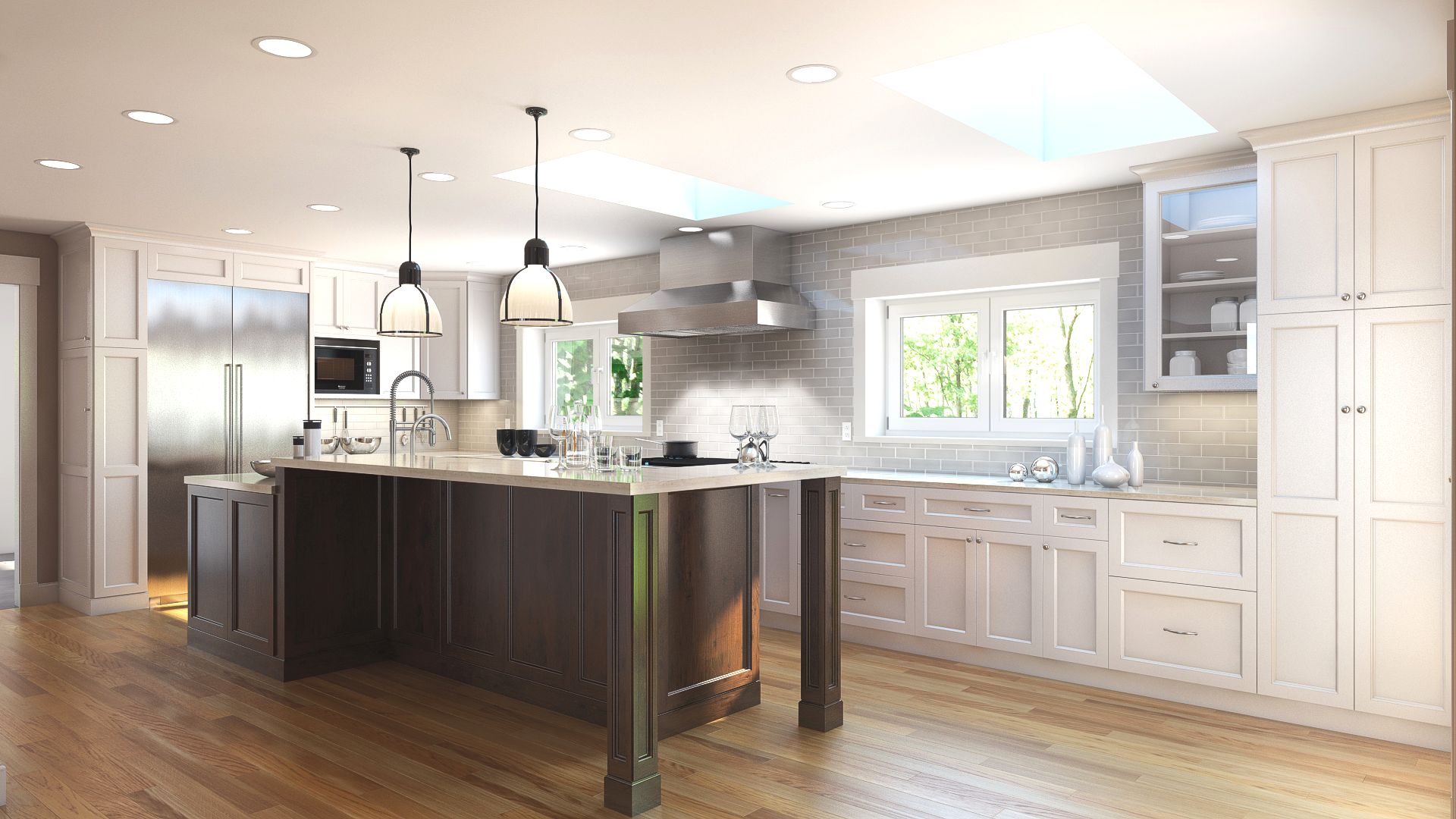 a kitchen with white cabinets and stainless steel appliances and a large island .