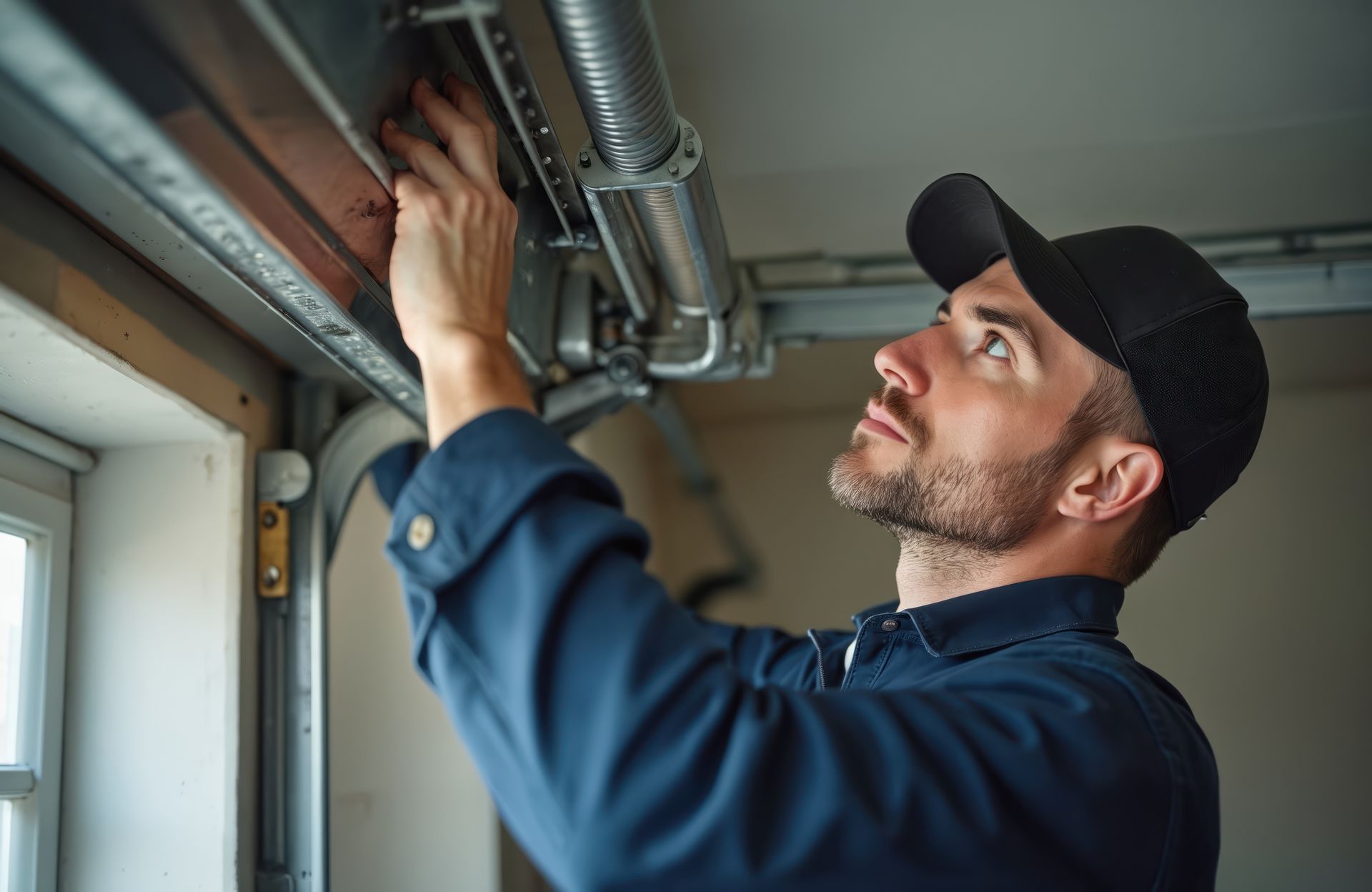 Technician inspects garage door mechanism (spring, cables, and tracks) for repair.