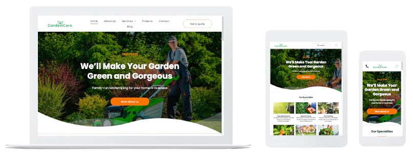 Website displayed on laptop, tablet, and phone, showing a person mowing a lawn with green text and a call to action button.