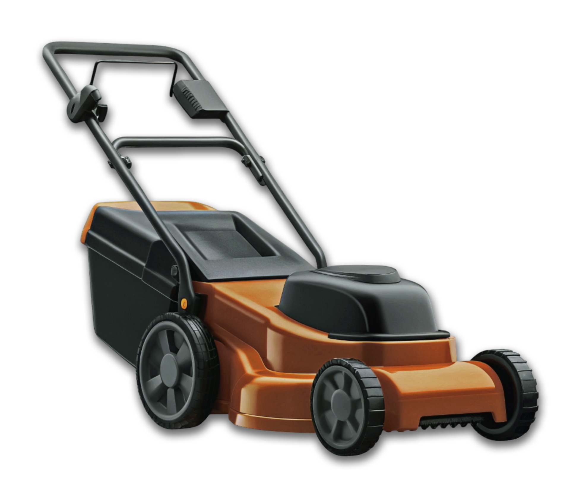 Orange and black lawnmower with a bag, standing on a white background.