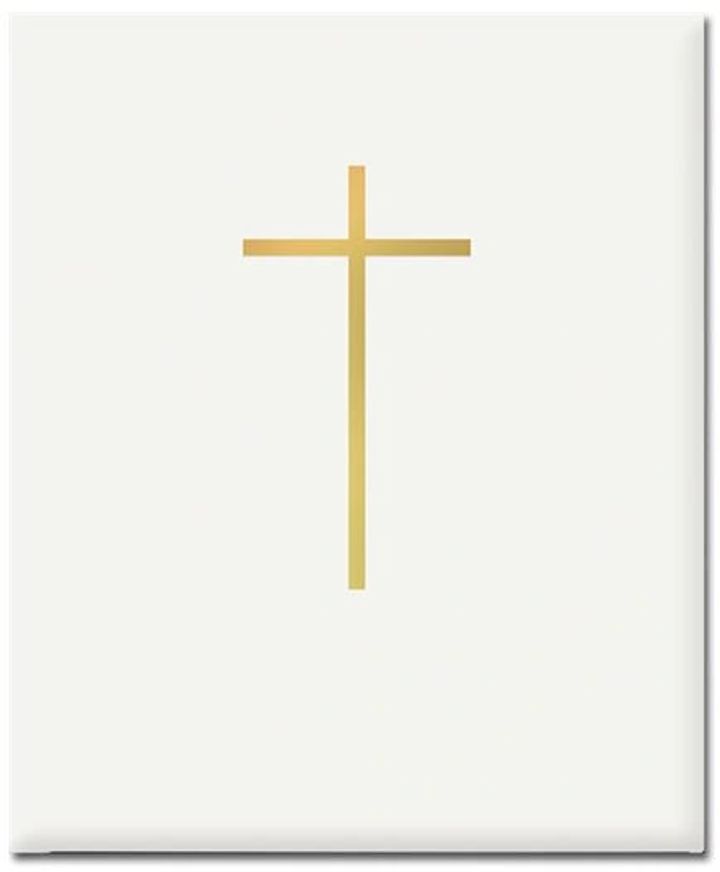 Gold cross with white cover sign-in book