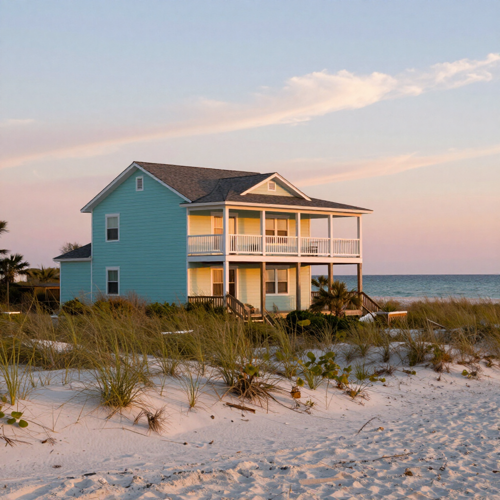Blue beach house with white porch on sandy dunes at sunset beside the ocean