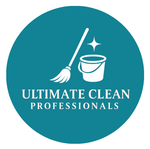 White cleaning icons (mop, bucket, star) on blue circle, with 