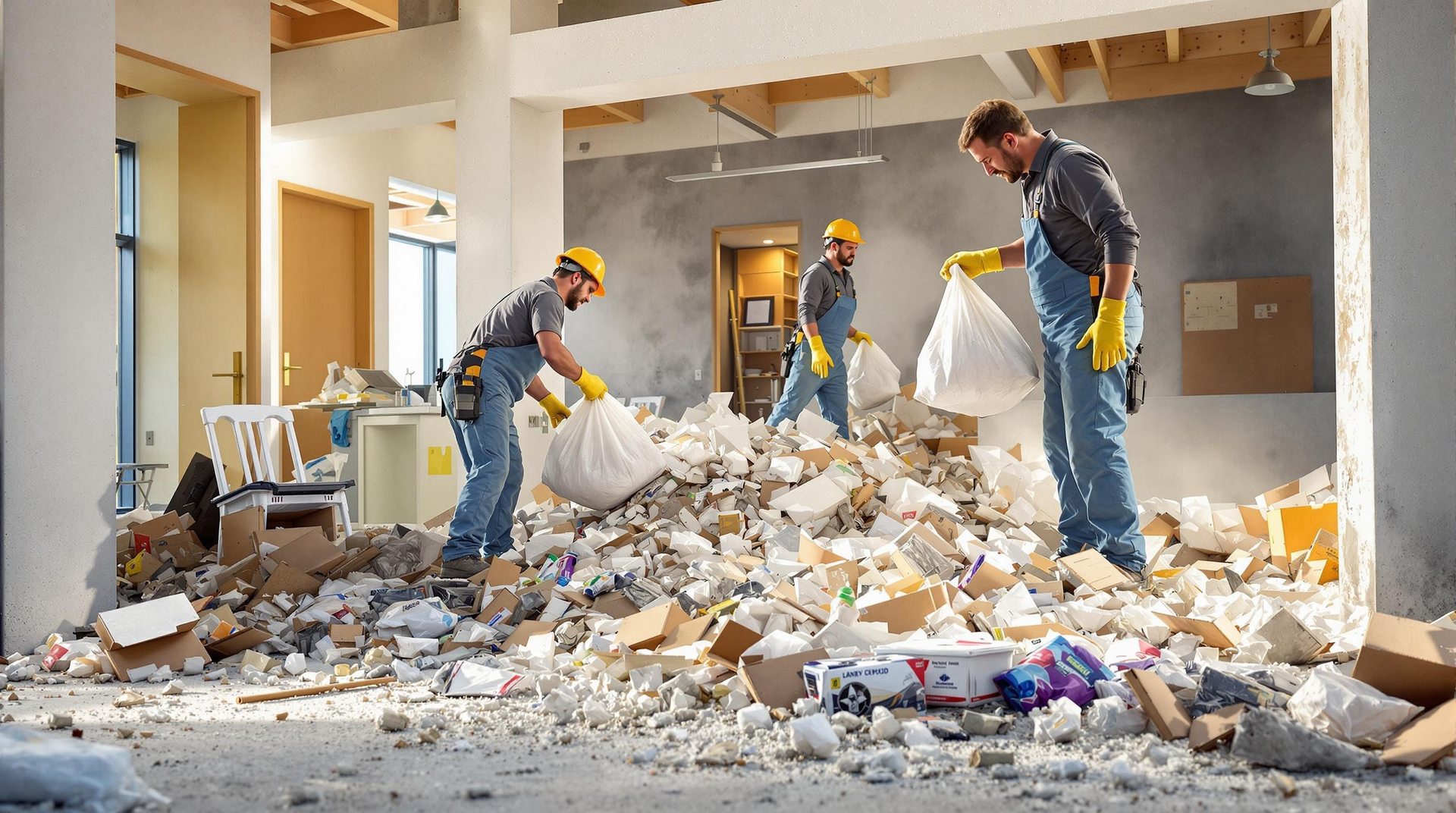 Construction workers in a gutted building, wearing hard hats, filling bags with debris.