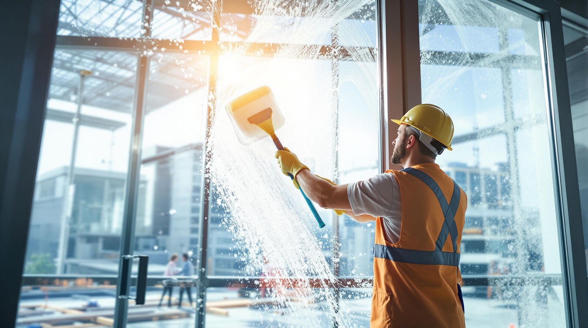 Man in orange vest and hardhat cleaning a large window with a squeegee.