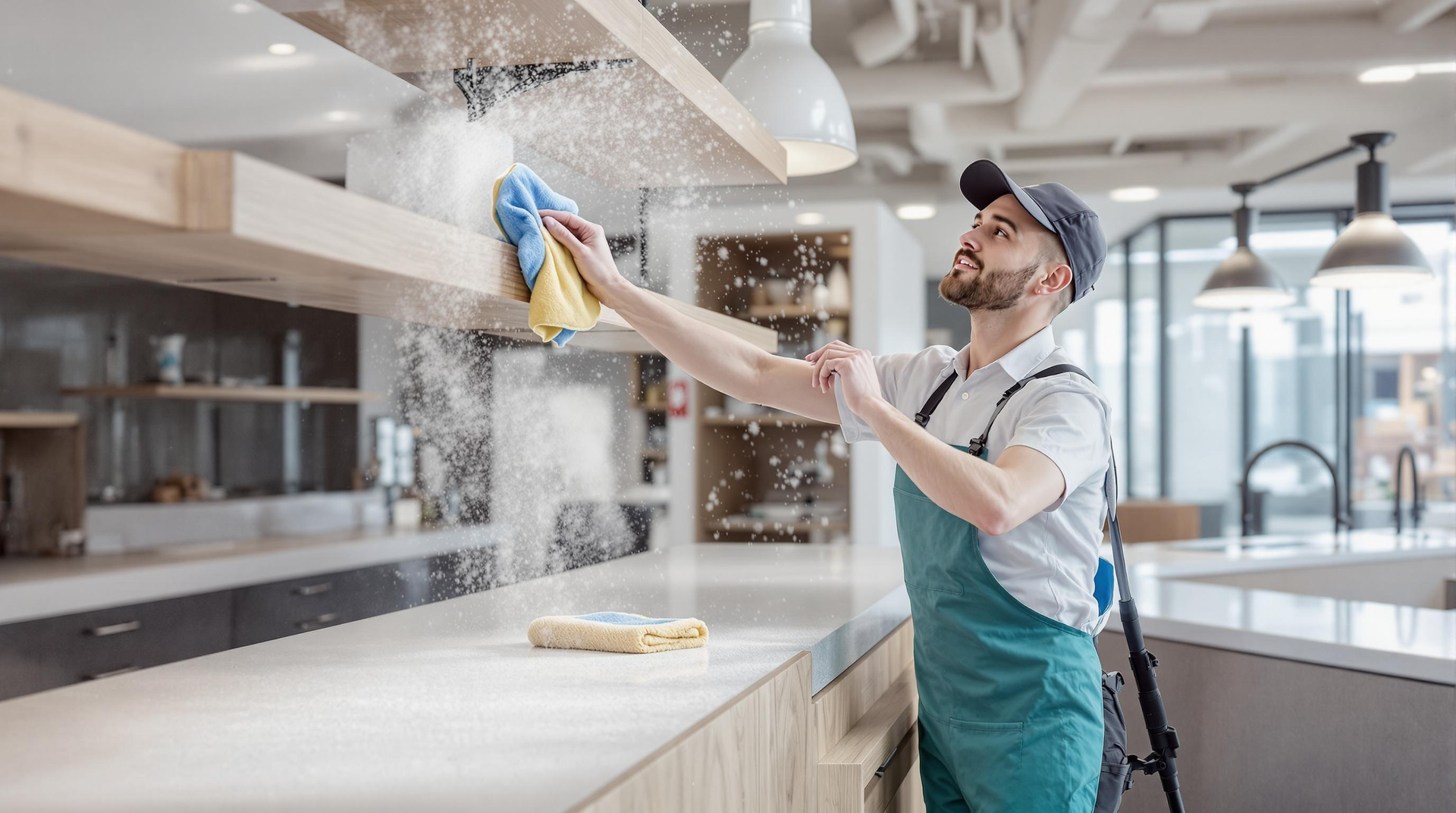Man in uniform cleaning a counter with a cloth, dust flying; modern kitchen setting.