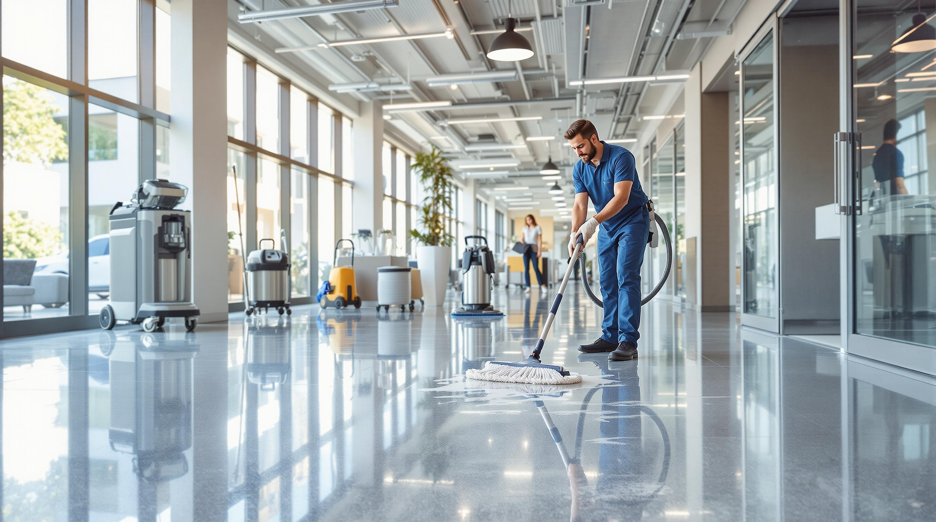 Man cleaning a modern office floor with a mop and vacuum.