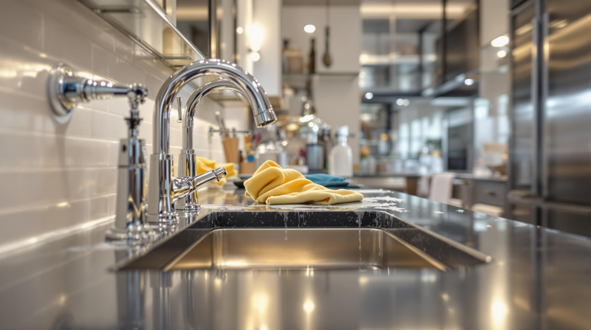 Stainless steel kitchen sink with chrome faucet, reflecting light.