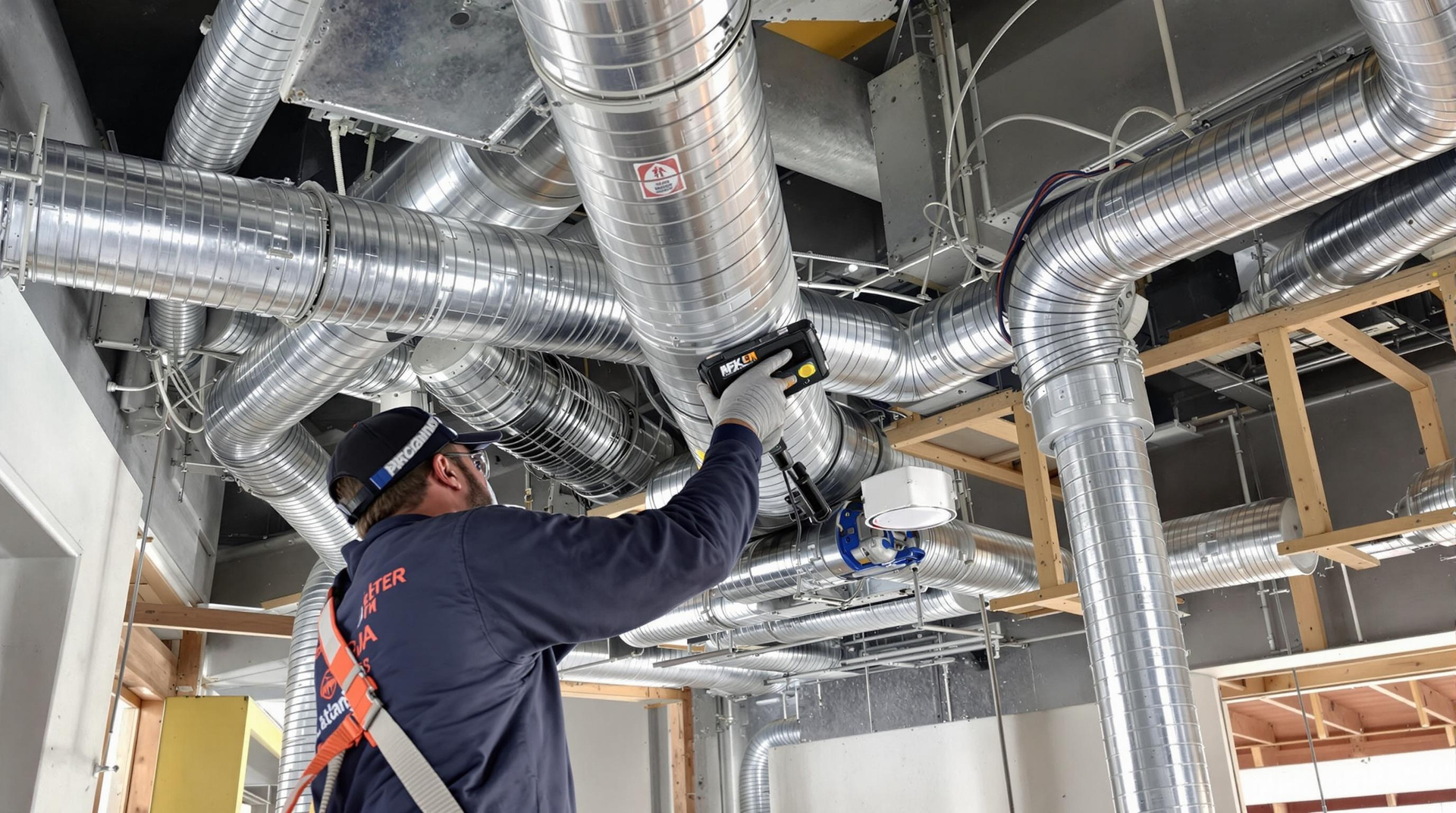 Worker in hardhat inspecting HVAC ducts in a construction site; silver pipes, yellow insulation, and wooden supports.