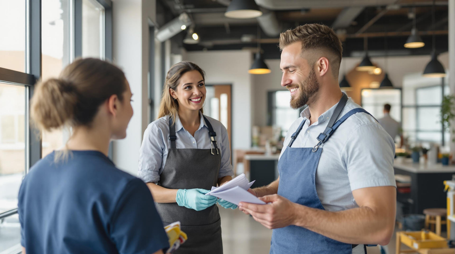 Three people in aprons talking inside a well-lit business. Two women and a man, smiling, holding papers.