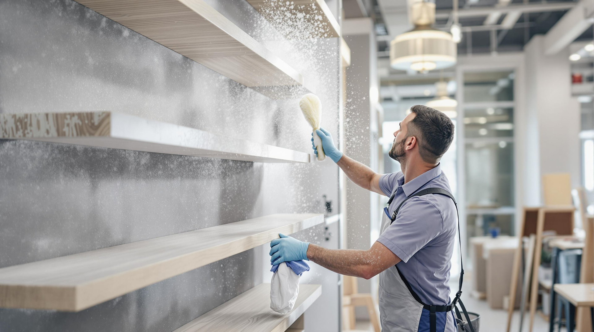 Man dusting shelves in a store. He wears a uniform and gloves, dusting with a brush.