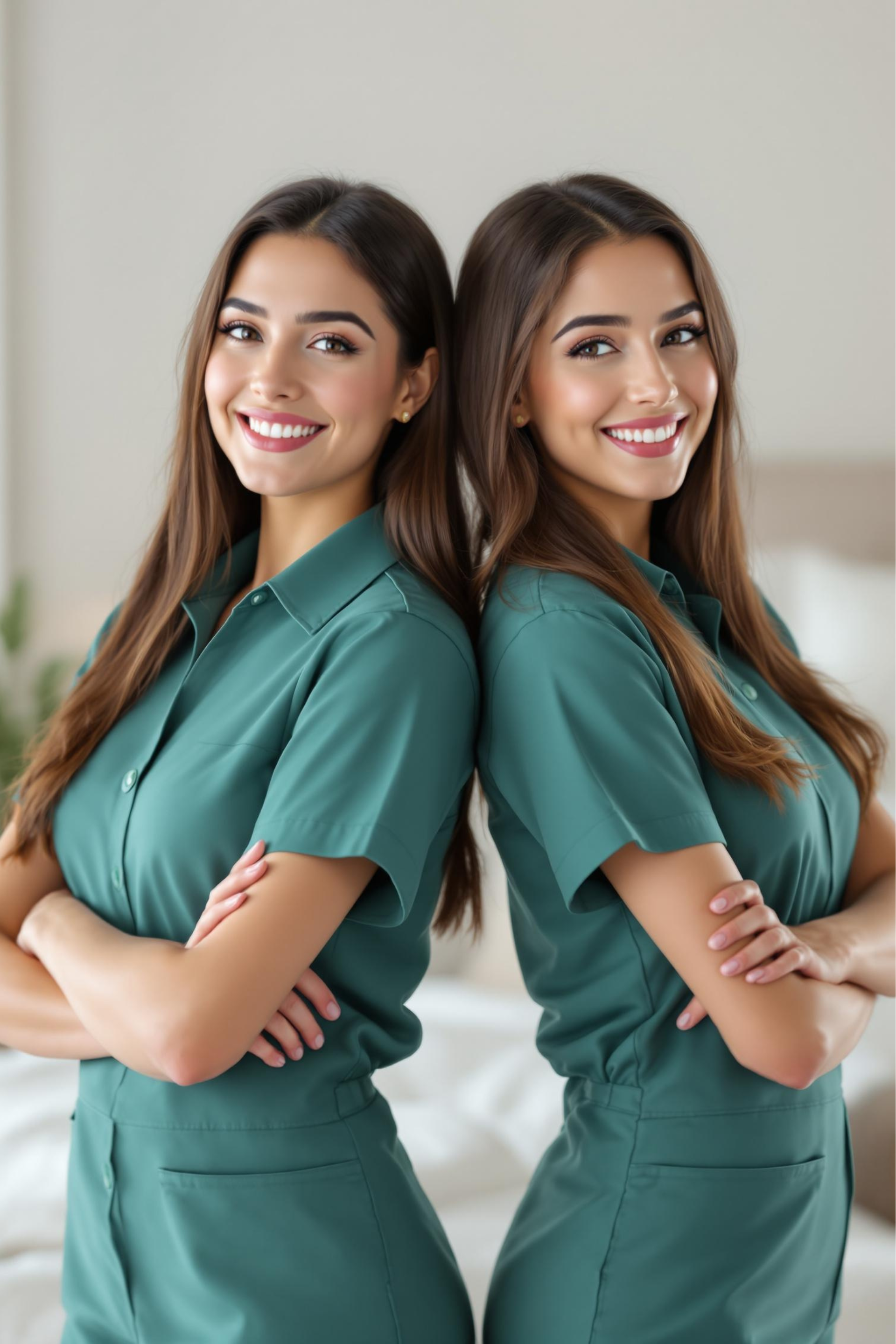 Two women in green uniforms smile, arms crossed, standing back to back in a room.