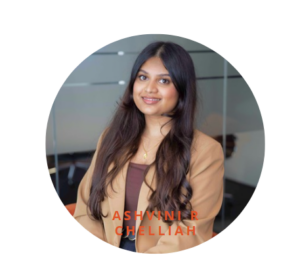 A woman in a circle with the name ashwini chelliah on it