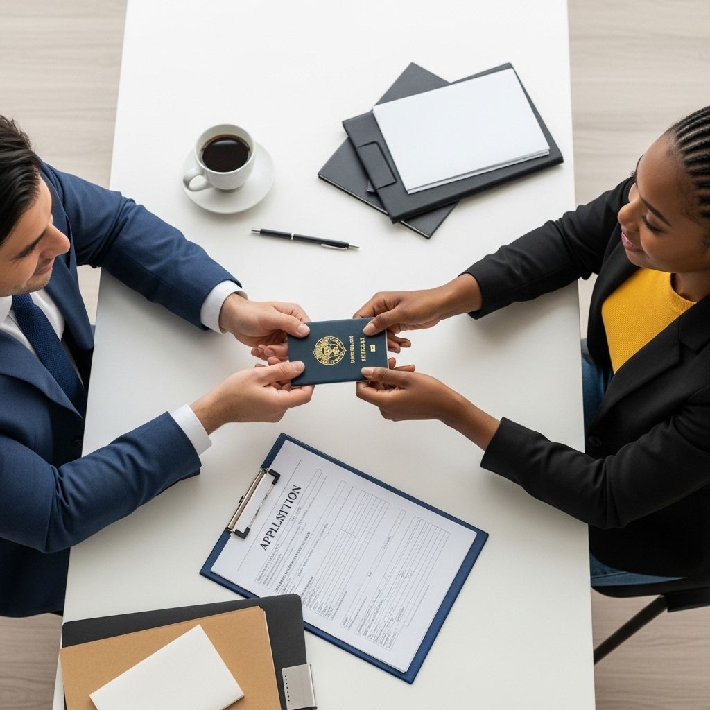 A man is giving a passport to a woman at a table.