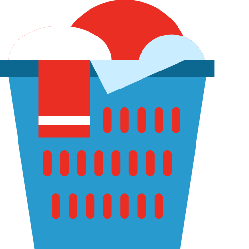 A blue laundry basket with red and white clothes in it