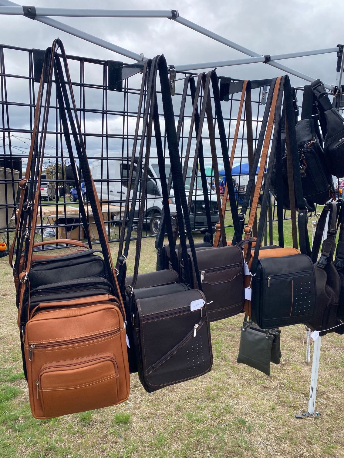 A bunch of handbags are hanging from a fence in a field.