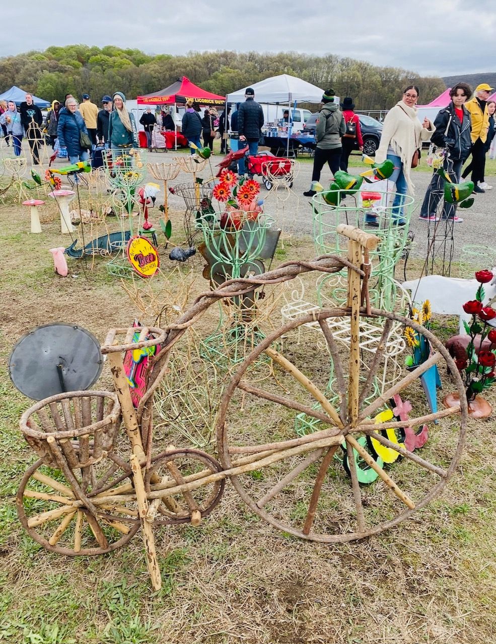 A wooden bicycle is sitting in the middle of a field.
