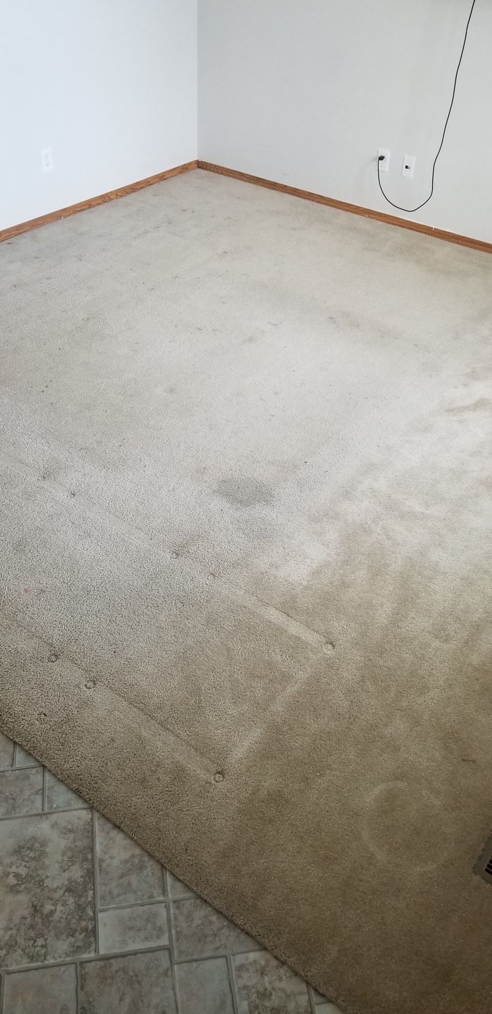 A room with a carpeted floor and a tiled floor.