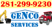 Genco Services logo: excavator, truck, and phone number 281-299-9230 in red.