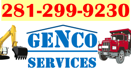 Genco Services logo: excavator, truck, and phone number 281-299-9230 in red.
