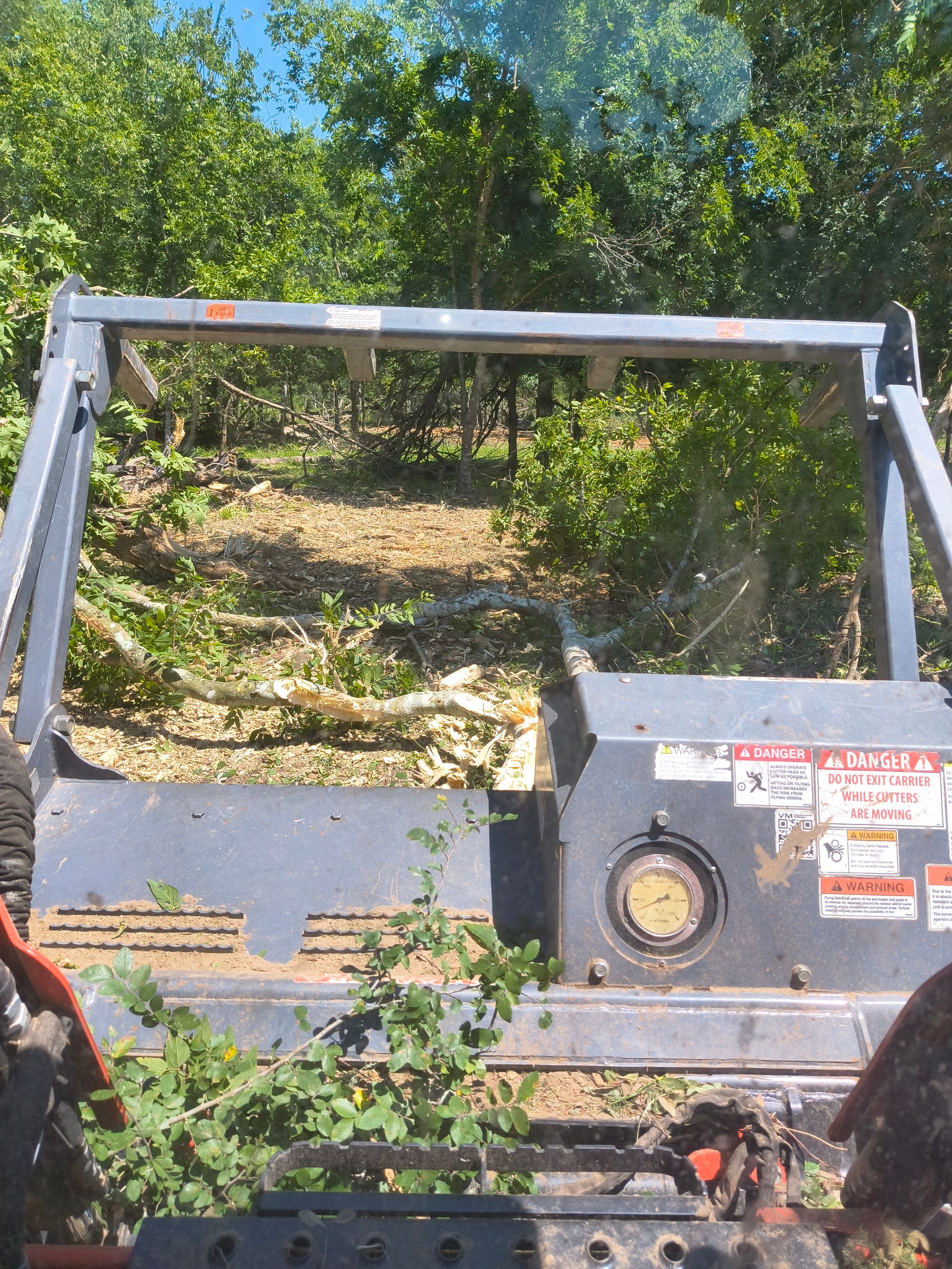 Skid steer clearing brush on a hillside; dark machinery, green foliage, bright sunlight.