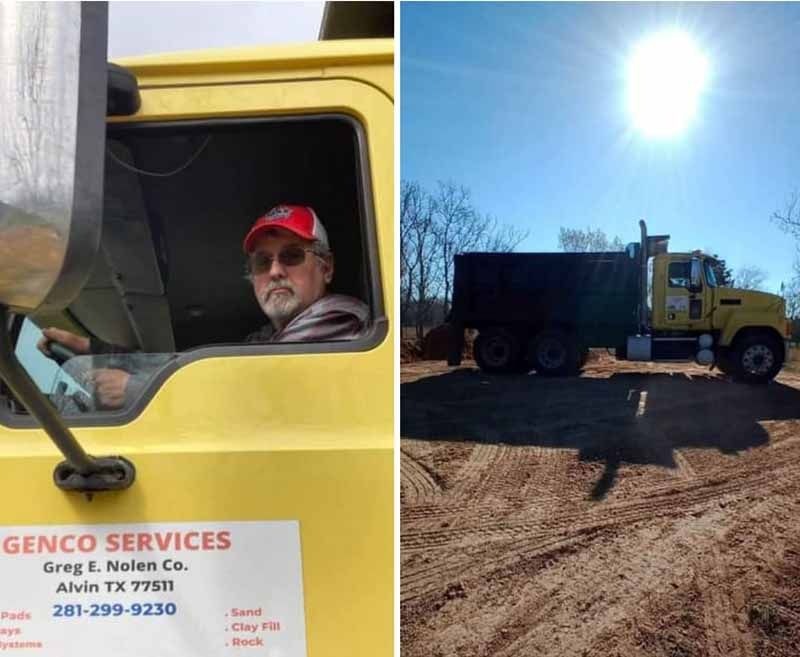 Man in a red cap driving a yellow dump truck; Genco Services, Alvin TX. Sunny outdoor setting.