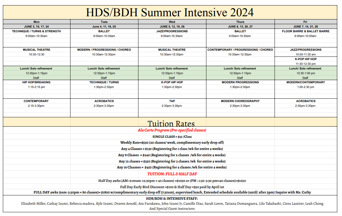 A calendar for a summer intensive in 2024