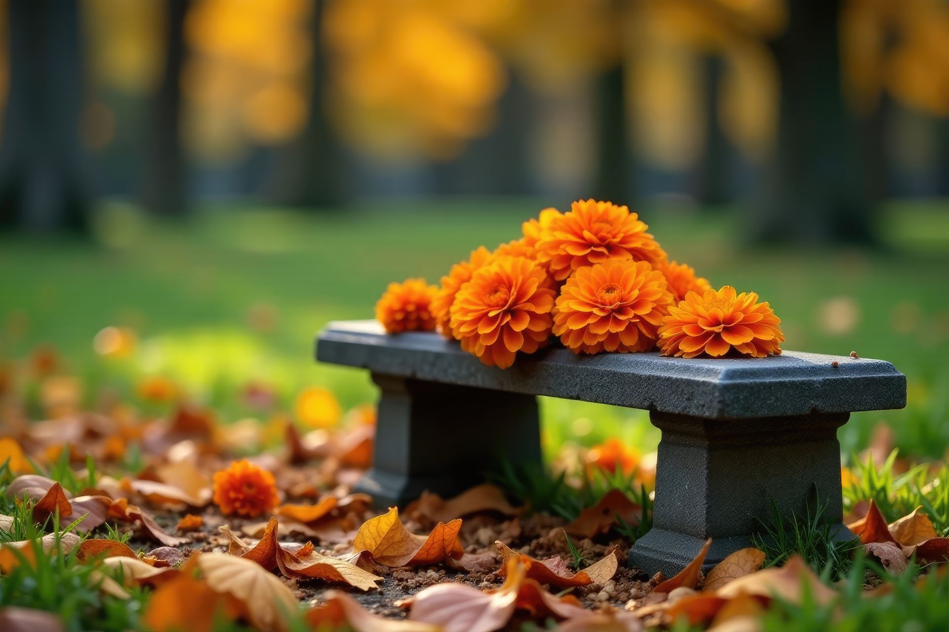 Marigolds scattered on a stone bench at a gravesite.