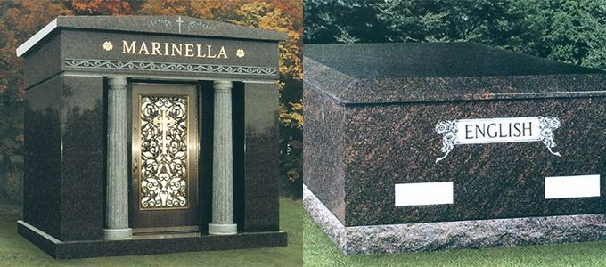 Two granite mausoleums, one labeled 