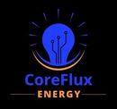 Logo for CoreFlux Energy: blue lightbulb with circuit lines, orange arcs, and text on black background.